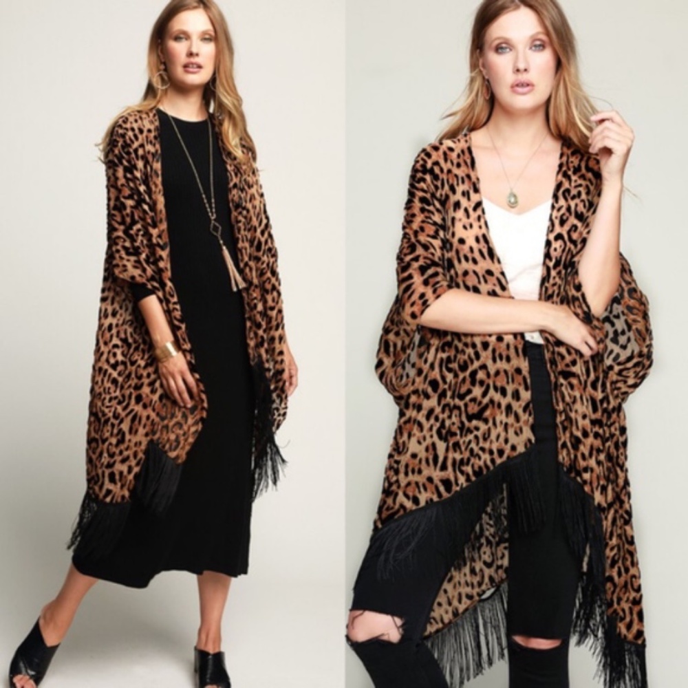 Luxe Leopard Print Open Front Tassel Hem kimono